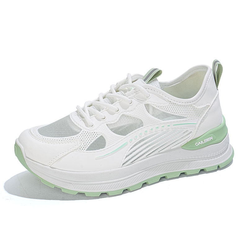 Fresh white and green platform chunky sneakers for women, summer breathable mesh, versatile casual sports shoes