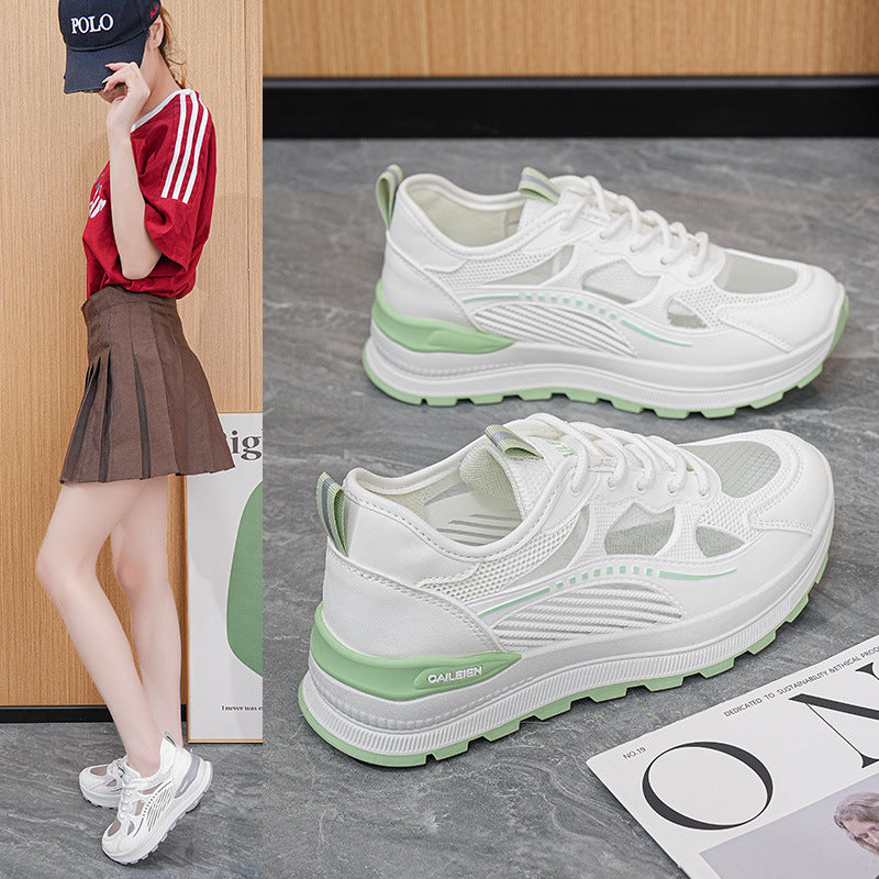Fresh white and green platform chunky sneakers for women, summer breathable mesh, versatile casual sports shoes