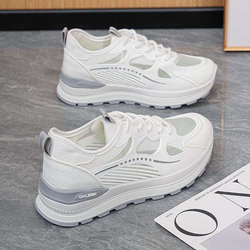 Fresh white and green platform chunky sneakers for women, summer breathable mesh, versatile casual sports shoes