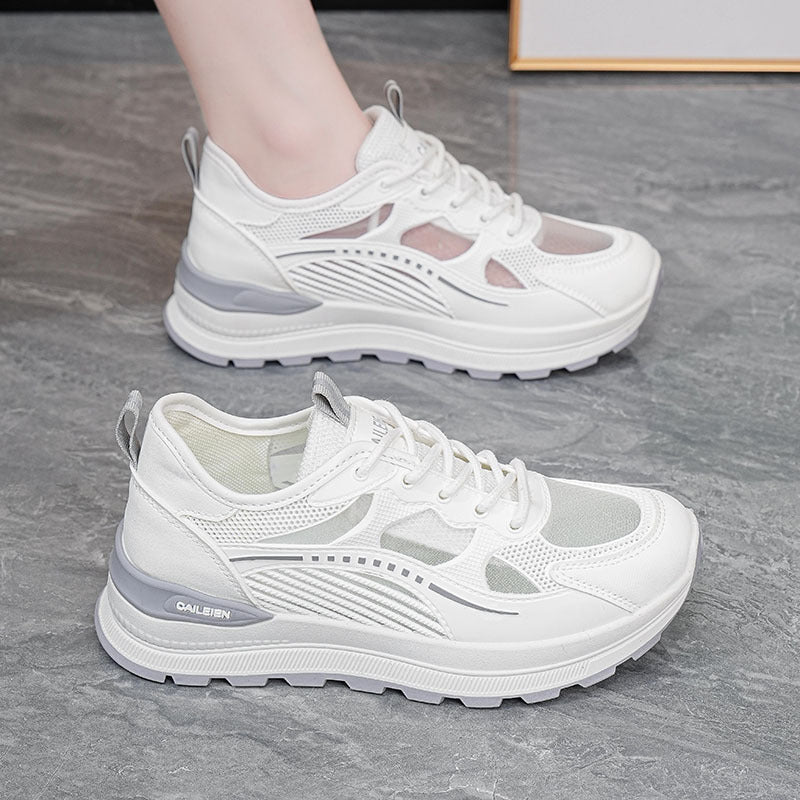 Fresh white and green platform chunky sneakers for women, summer breathable mesh, versatile casual sports shoes