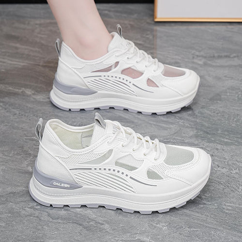 Fresh white and green platform chunky sneakers for women, summer breathable mesh, versatile casual sports shoes