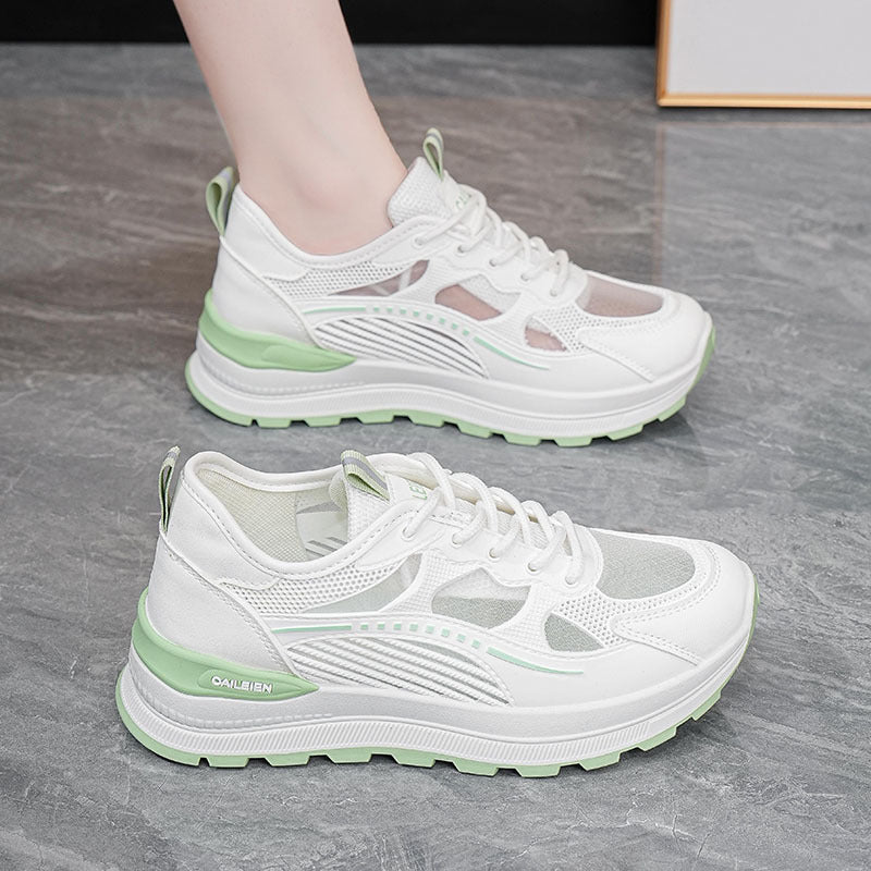 Fresh white and green platform chunky sneakers for women, summer breathable mesh, versatile casual sports shoes